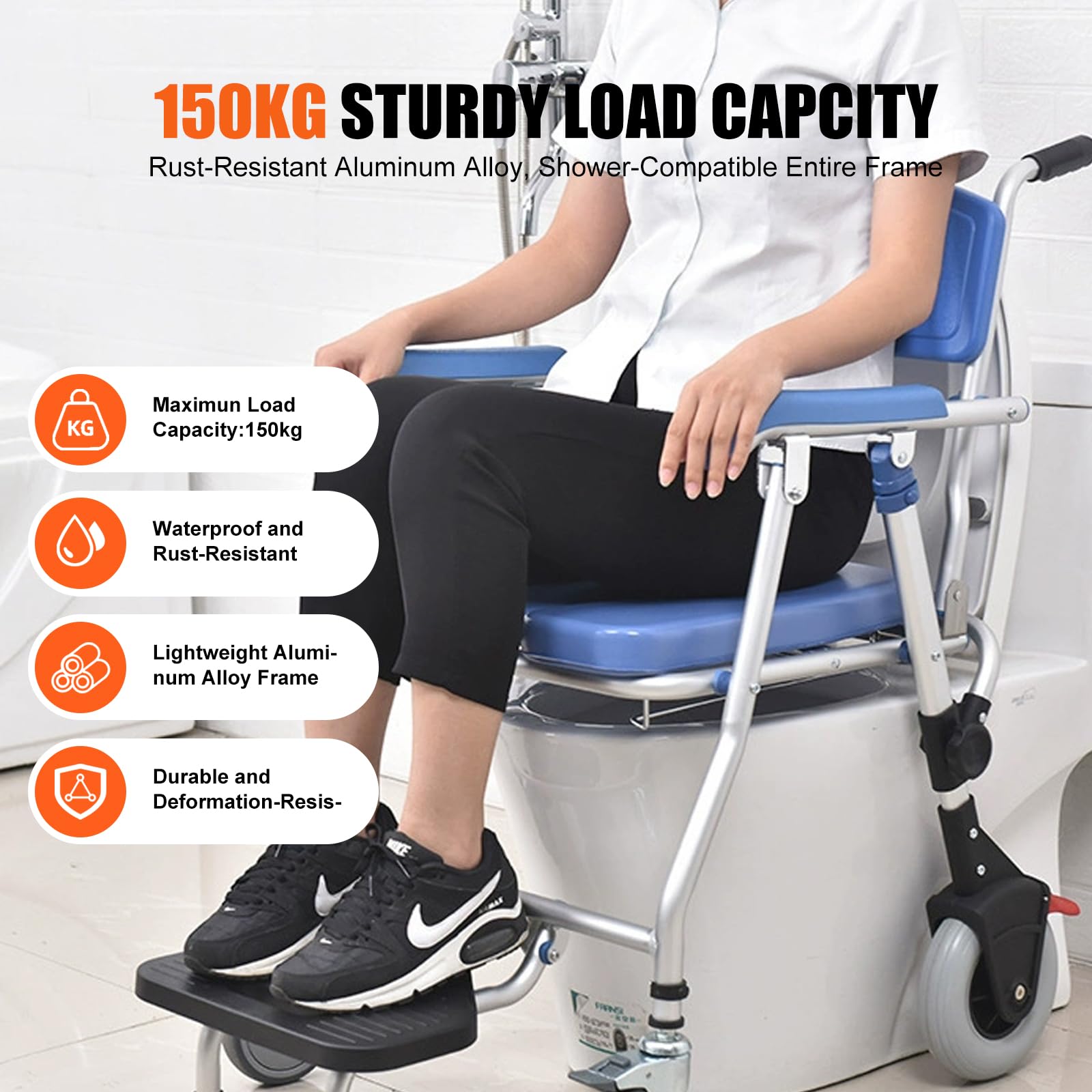 Silla de Ducha con Ruedas y WC, Silla de Baño Geriatrica Plegable, Silla WC para Personas Mayores,Taburete de Ducha con Reposabrazos, Capacidad de Carga 150 kg