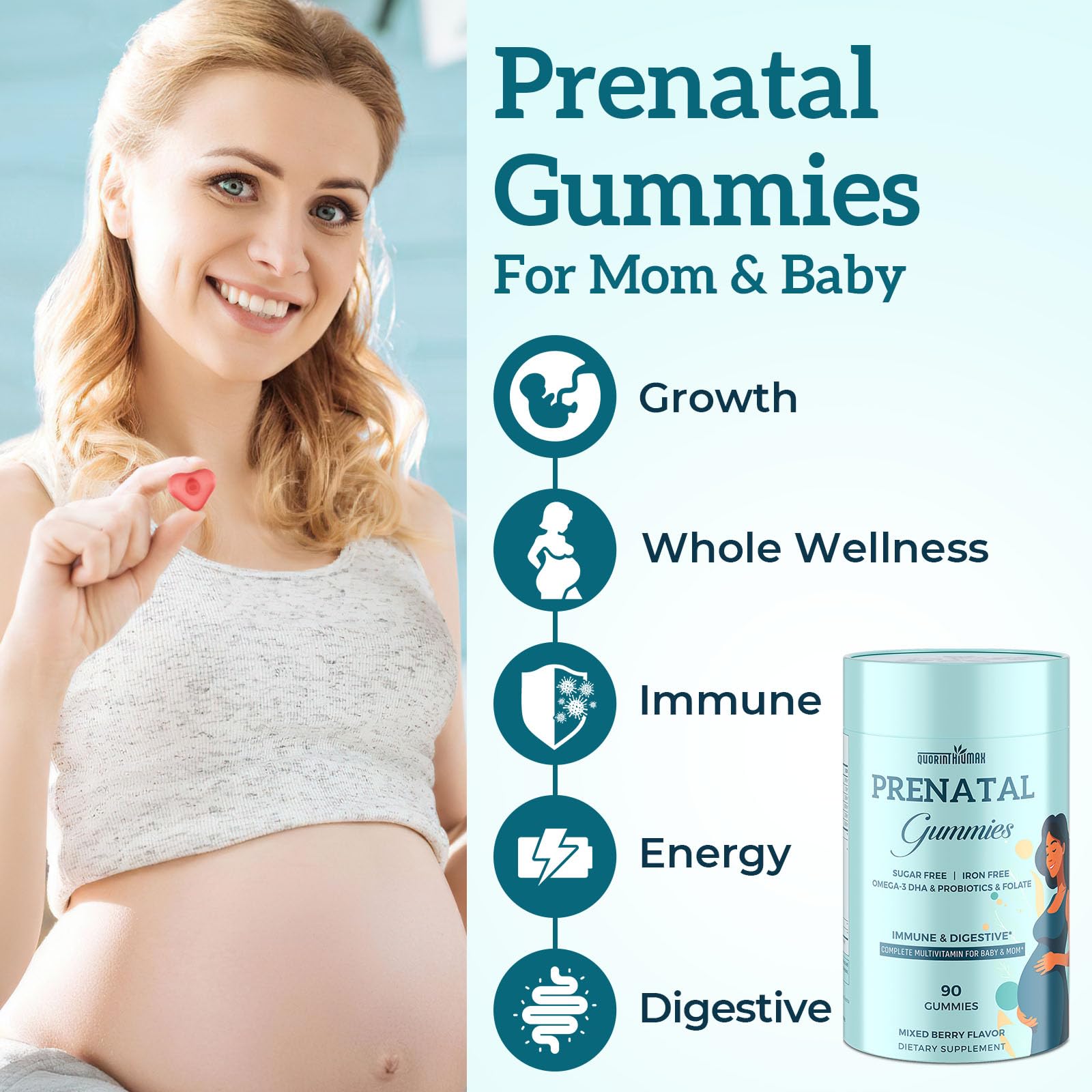 Quorinthiumax Prenatal Gummies Sugar Free 90 Count - Organics Prenatal Vitamins for Women with Folate, DHA & Probiotics - Iron Free Prenatal Vitamin Gummies for Immune & Digestive - 1 Bottle — Amazon image 3