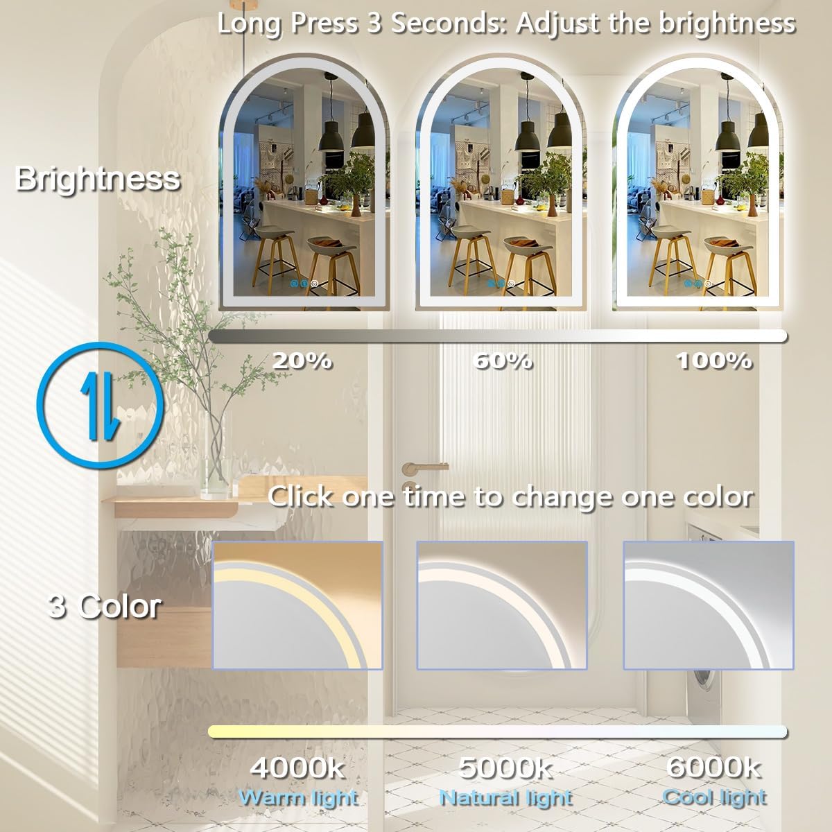 THEKLA 24 x 36 Inch Arched LED Bathroom Mirror with Lights Dimmable 3 Color Memory FrontLights 36in Arched Lighted Mirror for Bathroom Wall Mounted AntiFog Arch Smart LED Light up Vanity Mirrors