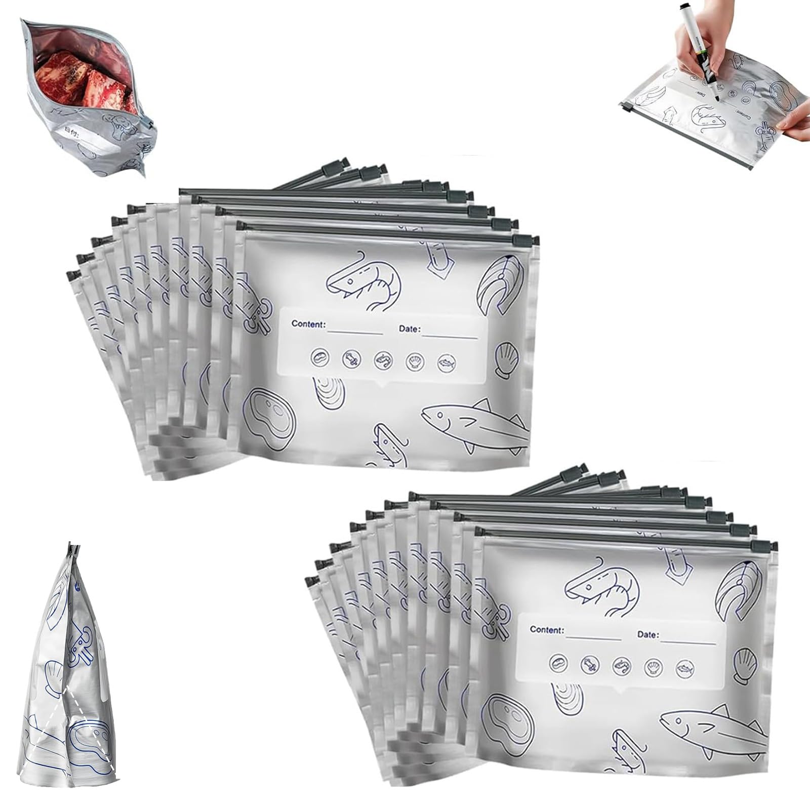 Reusable Aluminum Foil Sealable Storage Bags, Stand Up Foil Sealable Bags, with Label and Zip Lock, Seafood Meat Self-sealing Freezer Bags, for Vegetable Fruit Meat (26 * 29cm-20PCS)