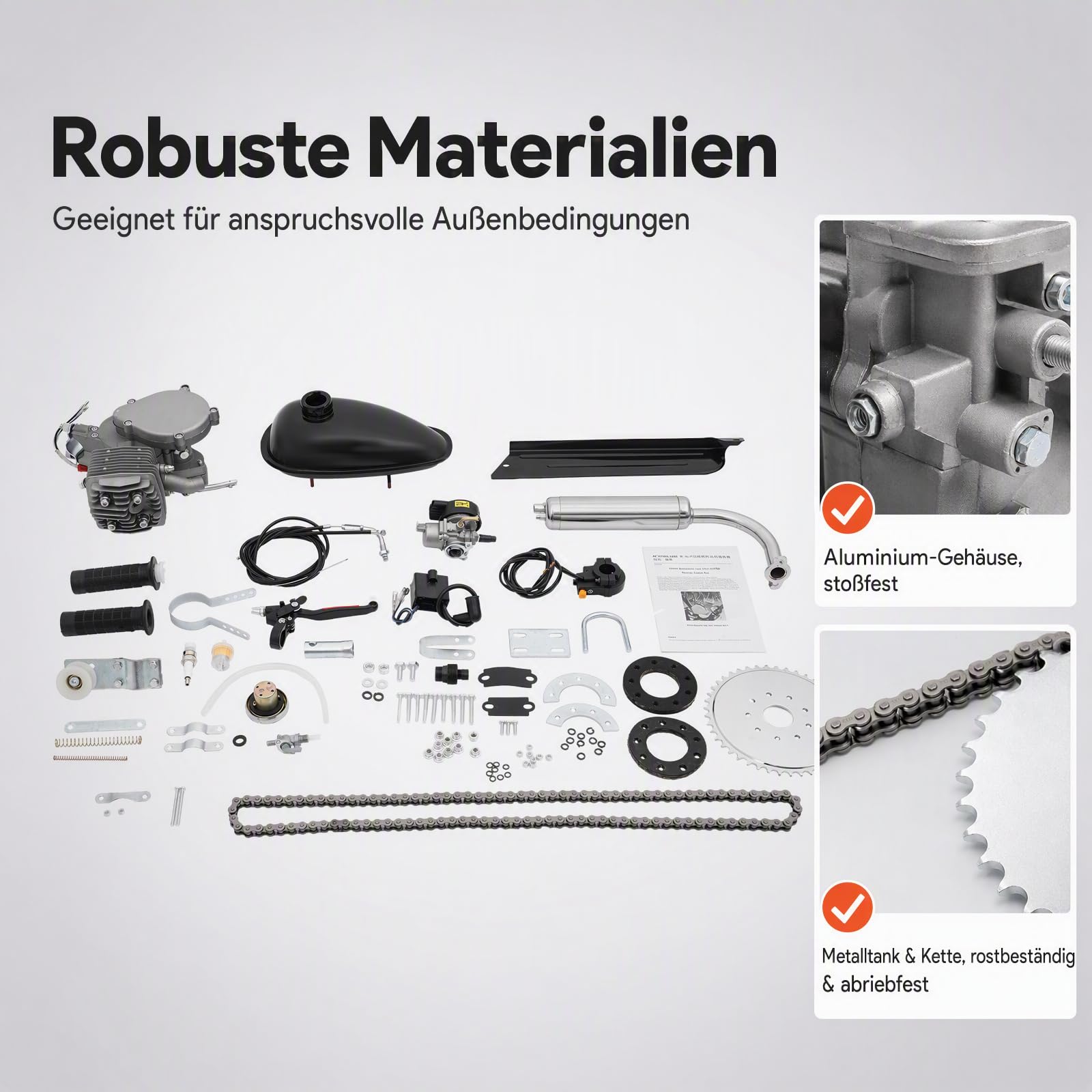 80cc，2-Takt Fahrrad Benzinmotor Kit，EinzylinderCDI Zündung, luftgekühlter Hilfsmotor mit 2L Tank, Aluminium Motorkörper, für 26/28 Zoll V-Rahmen Fahrräder, max 40km/h