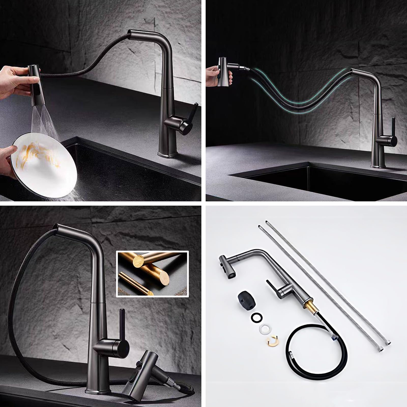 BiaoTeng Grifo Monomando Cocina Filtro Extraible 3 Salidas Giratorio 360 Grados agua Fría y Caliente Grifo Cocina Extraible Laton Gris