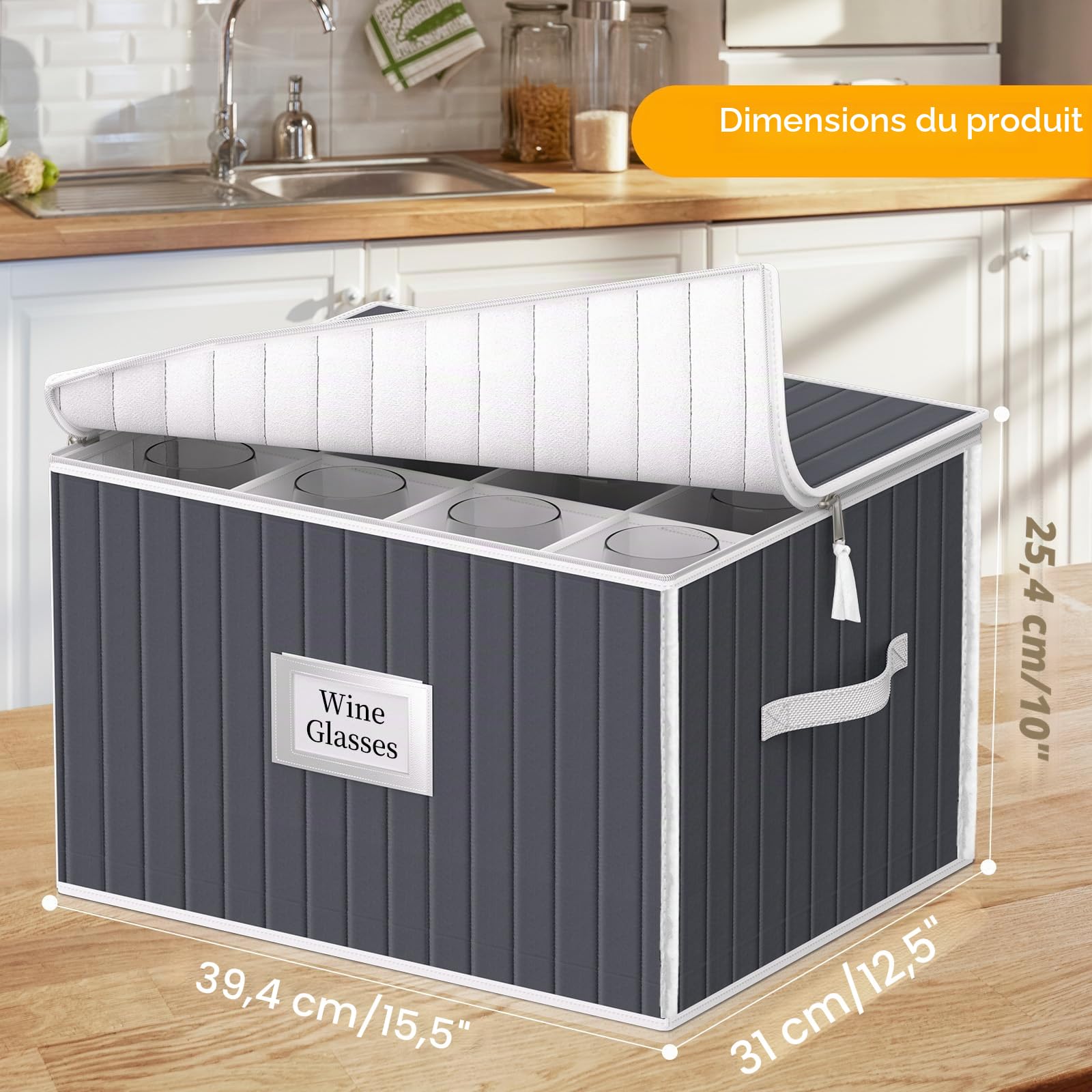 Boîte de rangement pour verres à vin, contenant de rangement en verre avec coque rigide, support latéral et de fond ainsi que des séparateurs rembourrés, lot de verres à pied empilables pour