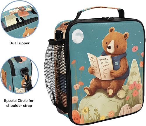 Miniatura 2 de Bolsa de almuerzo con diseño de oso de bosque en tocón con flores para niñas y niños, con aislamiento térmico pequeño, lonchera para niños pequeños,