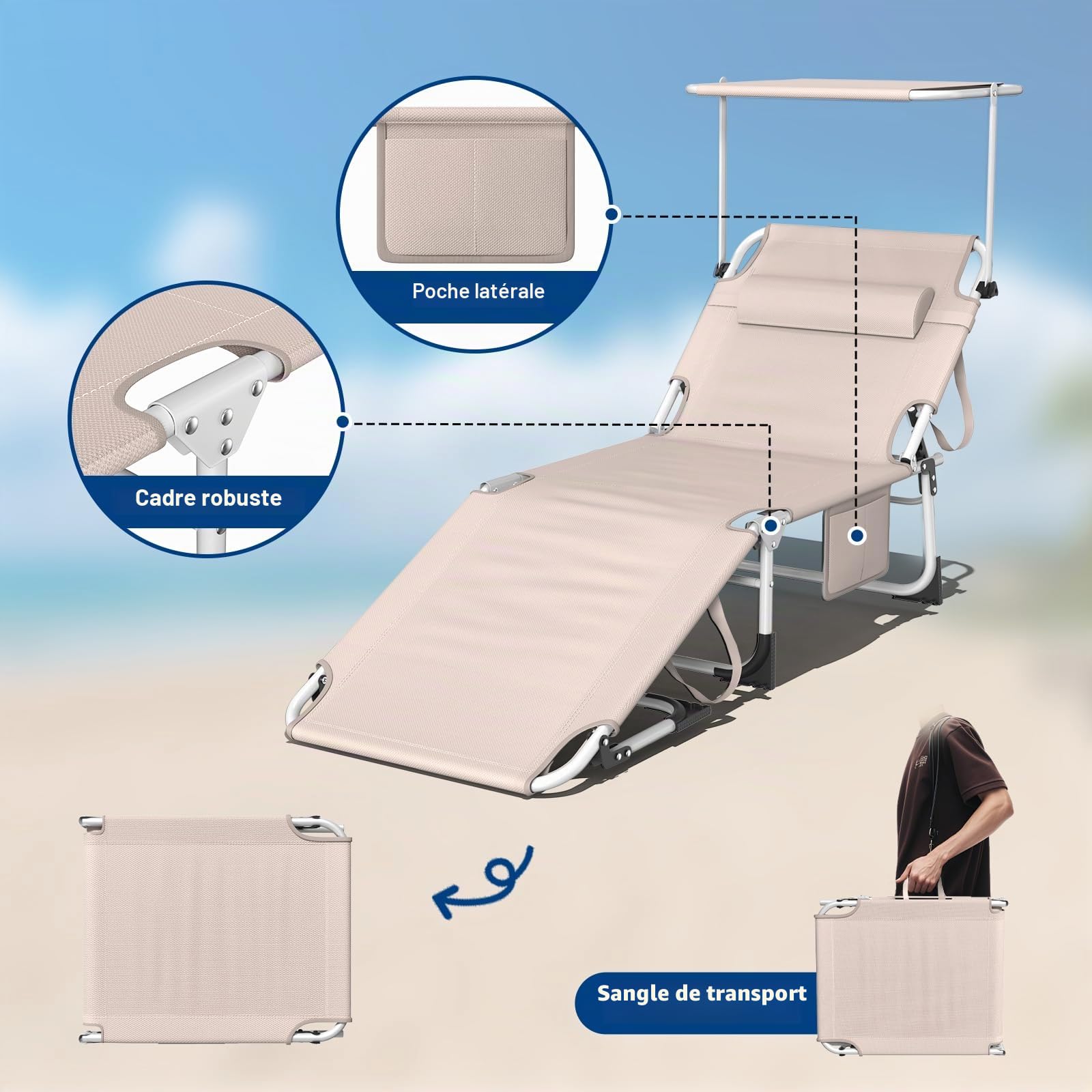 Chaise Longue Bain de Soleil Pliable avec Poche Latérale, Pare-Soleil 360° Ajustable, Transat Extra Large 68 cm, Dossier Inclinable et Appuie-Tête, pour Jardin-Plage-Camping, Tissu Oxford 600D, Kaki
