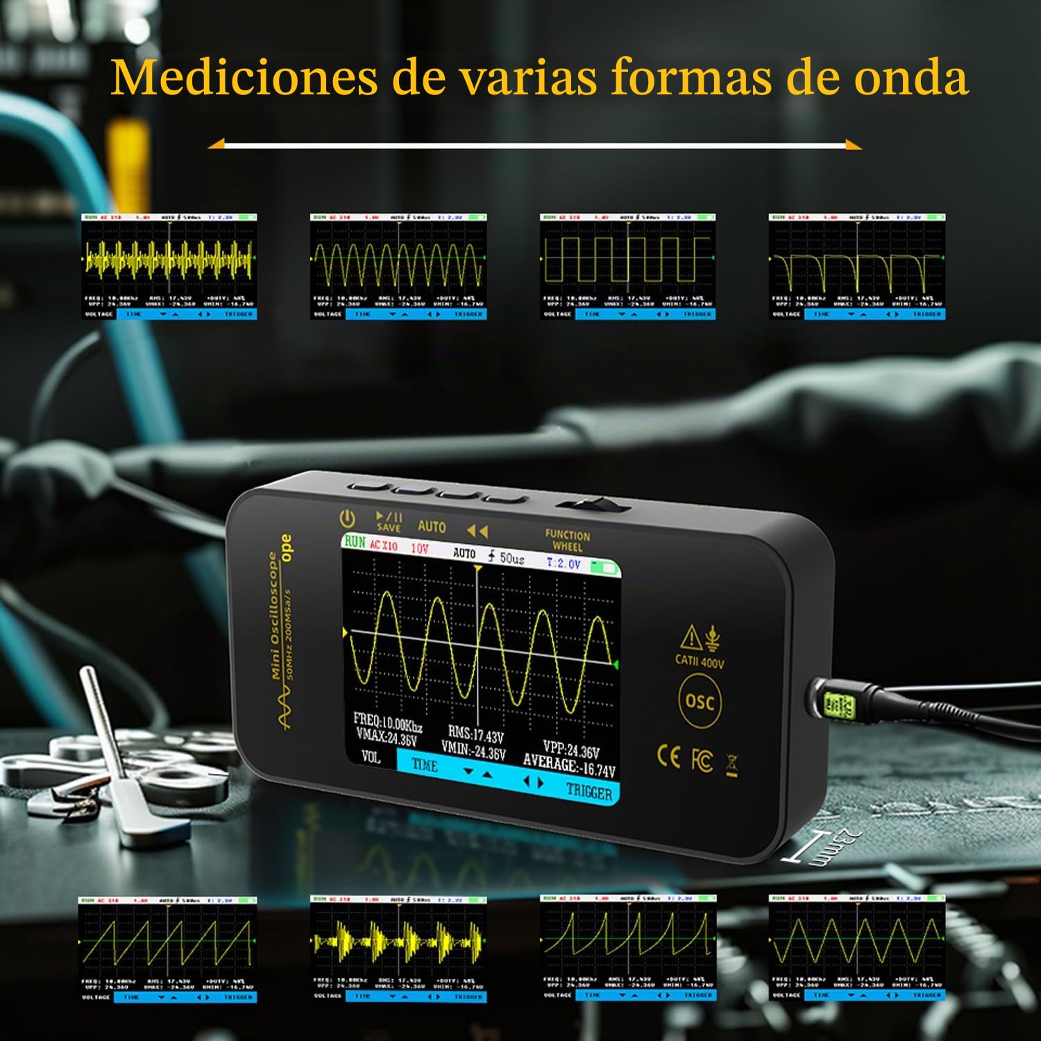 BSIDE OT5 Mini Osciloscopio Digital Portátil 50MHz Ancho de Banda 200MSa/s Osciloscopio de Bolsillo Recargable Ultraplano con LCD a Color 3,2'' y Vista Completa para Electrónica Audio Automoción