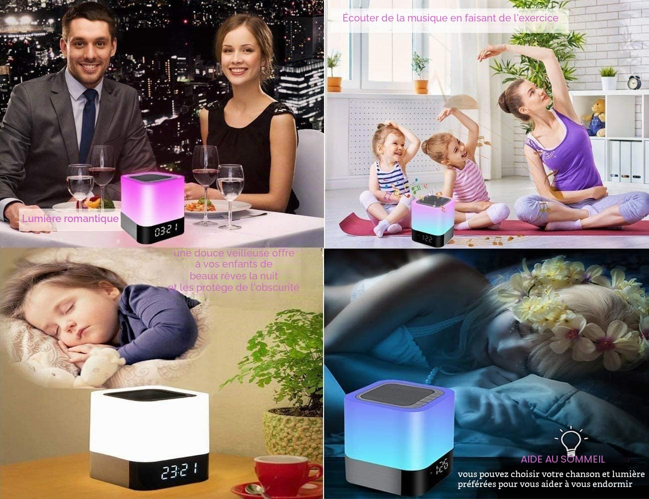 Réveil Lumineux Enceinte Bluetooth Portable 5 en 1, Lampe de Chevet Bruit Blanc Bebe, Veilleuse Multicolore Tactile