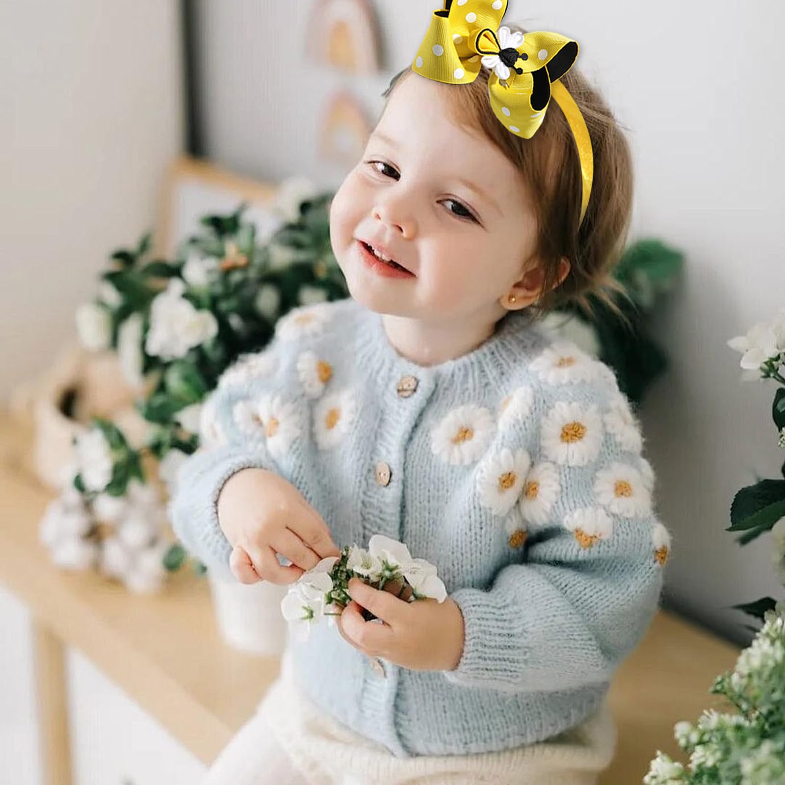 AIUPUOC Diadema de lazo amarillo para niñas, bonitos accesorios para el cabello con diseño de abeja, aro grande y decoraciones para el cabello para primavera