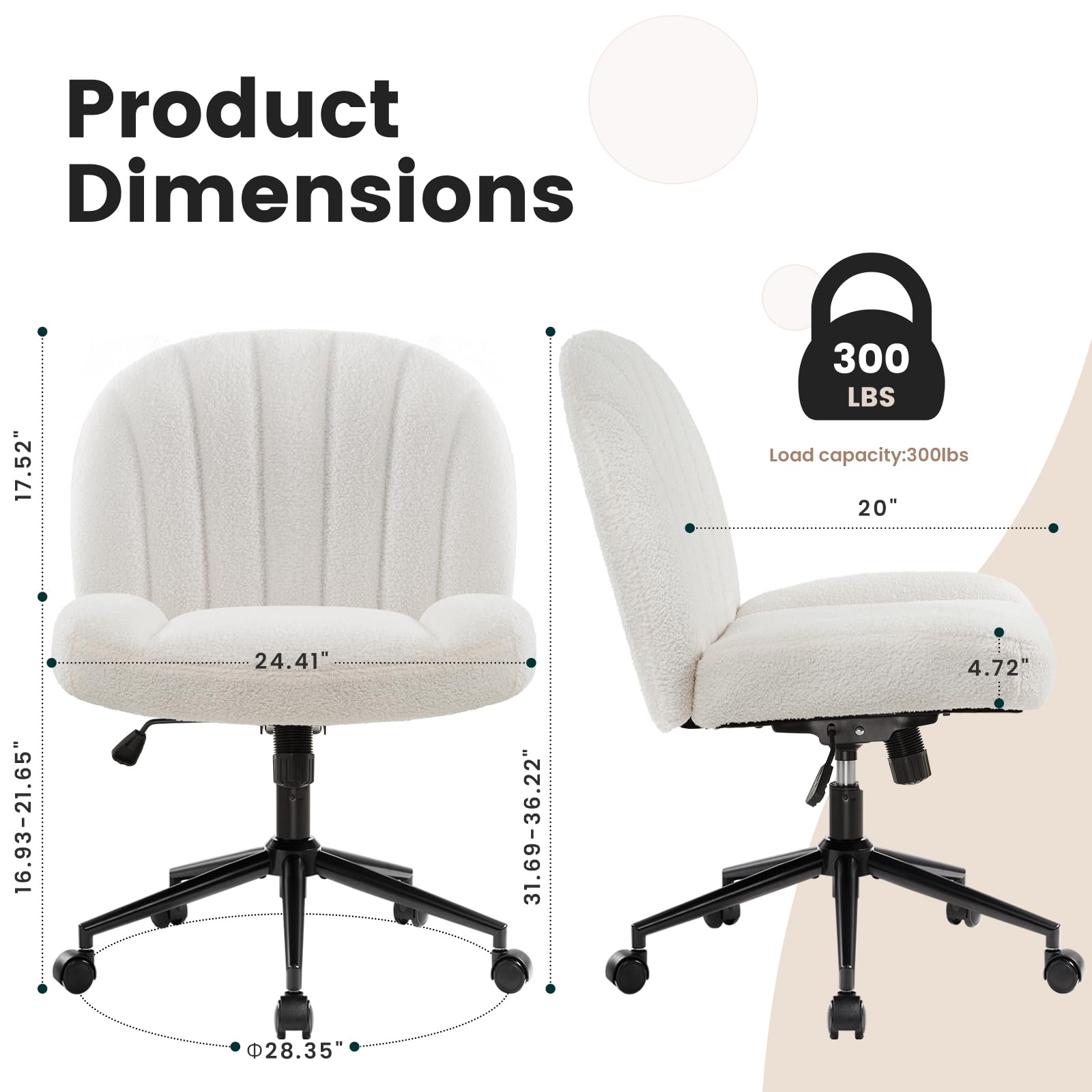 IWMH Schneidersitz Bürostuhl Ohne Armlehnen, mit Breiterem Sitzfläche | Höhenverstellbar Drehstuhl mit Rollen, Ergonomischer Schreibtischstuhl mit Stoffbezug, für Büros und Schlafzimmer, Weiß