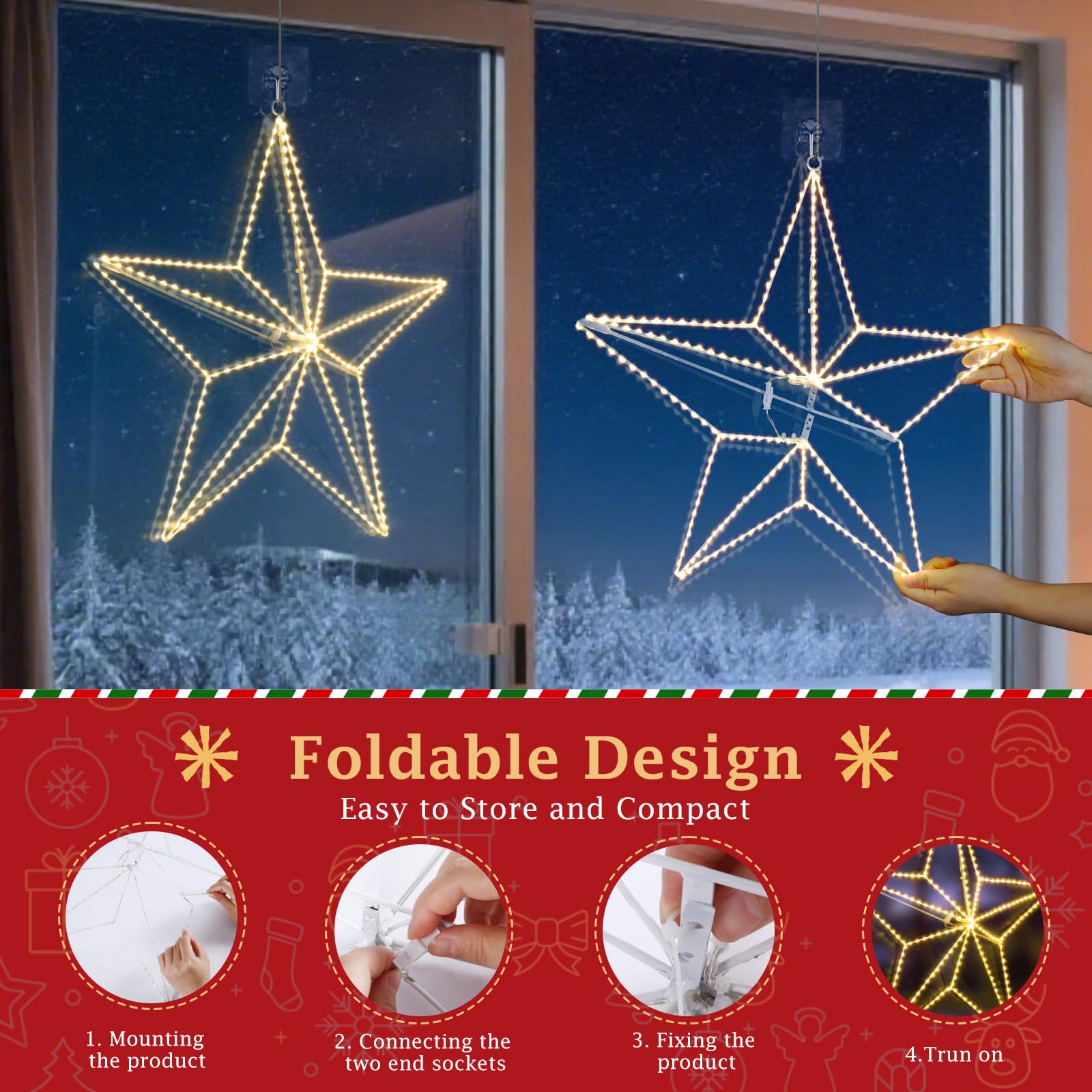 GlobaLink LED Weihnachtsdeko Fenster - 3D Fünfspitzstern Eisenleuchten mit Stecker (Netzbetrieb), 282 Warmweiß-LEDs, Faltbar, Indoor/Outdoor für Schlafzimmer, Weihnachtsfeier & Außenbereich