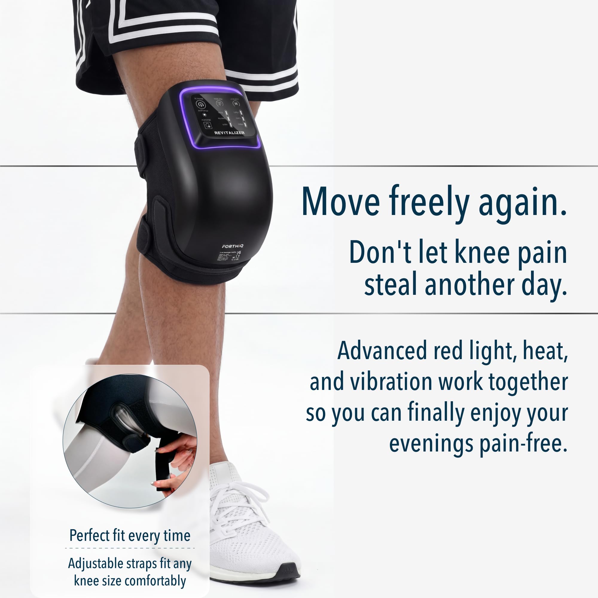 FORTHiQ Kniemassagegerät Pro+ mit Wärme, Rotlicht und Vibration, 6-in-1, Dual-Wellenlänge - Kabellos, tragbar, verstellbare Riemen, einfach zu bedienen, speichert Ihre Einstellungen, 1 Paar