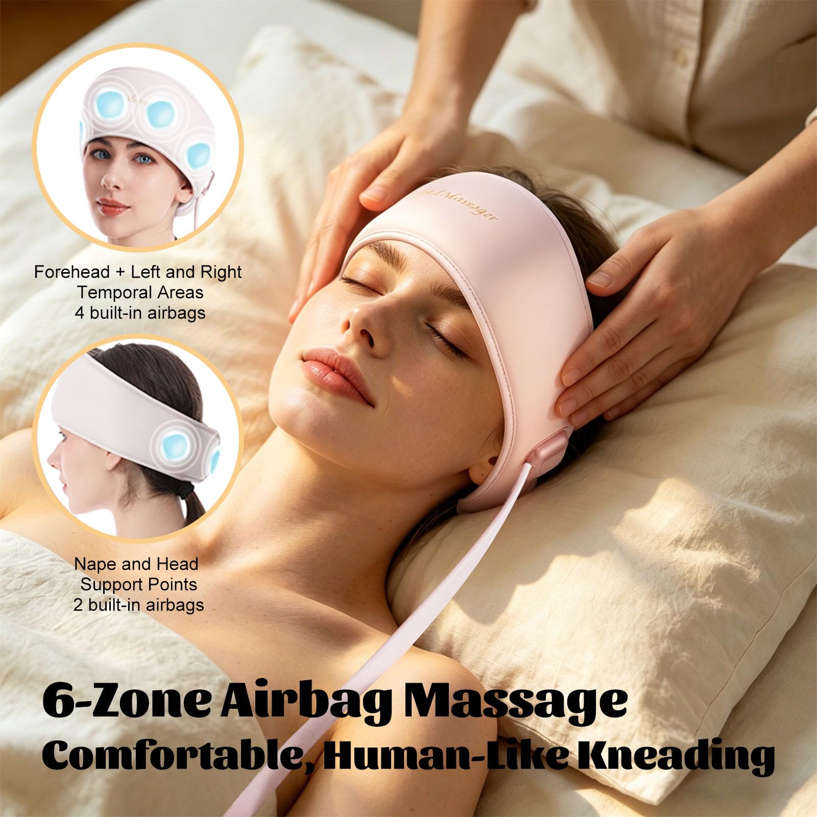 Masseur de Tête Électrique - Appareil Massage Cuir Chevelu - 6 Coussins Gonflables, 3 Niveaux de Chaleur (40-50°C), 5 Modes, 3 Intensités pour une Relaxation Totale.