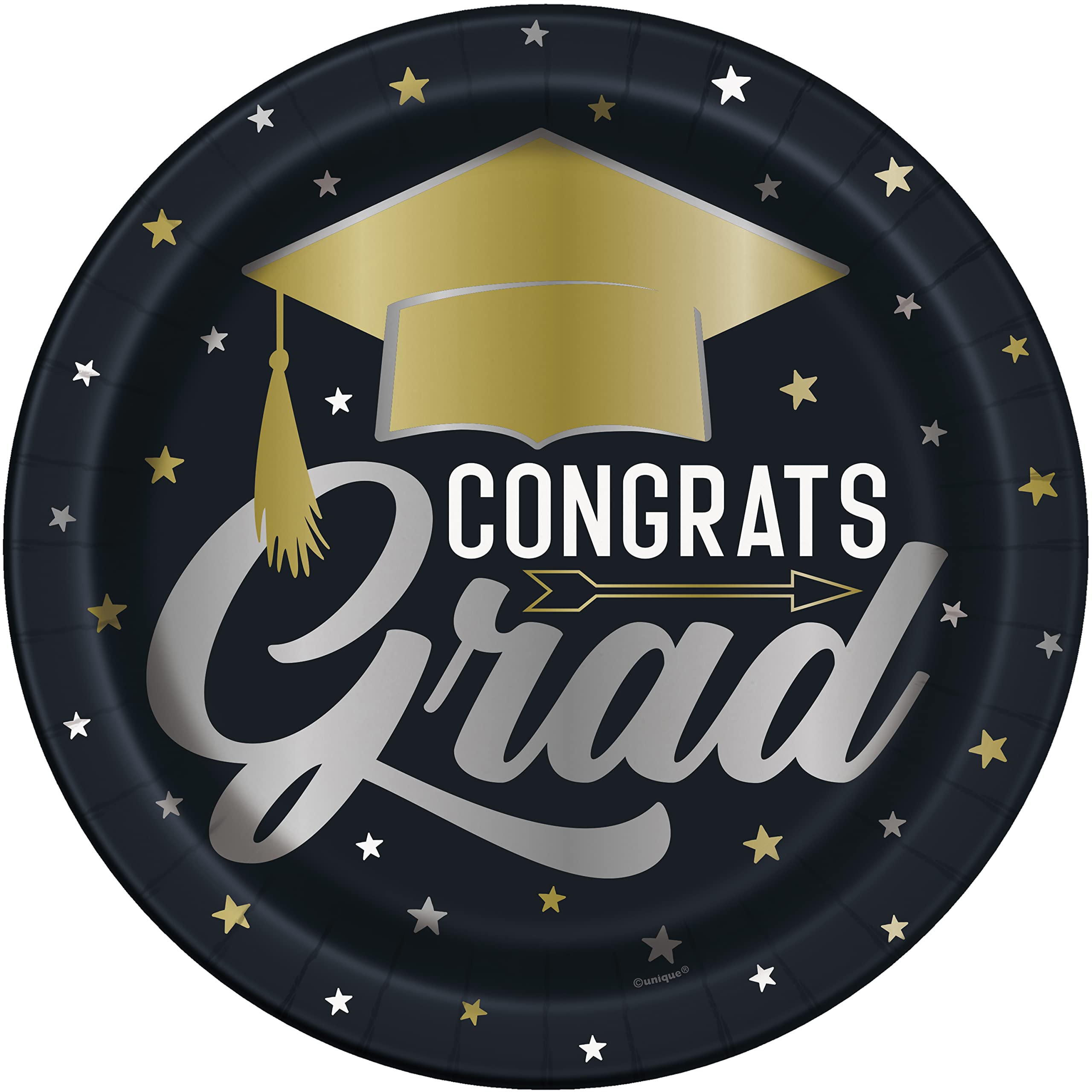 Unique24875 Paper Plates-23 cm-Stars & Caps Graduation Party-Pack of 8, Multicolour