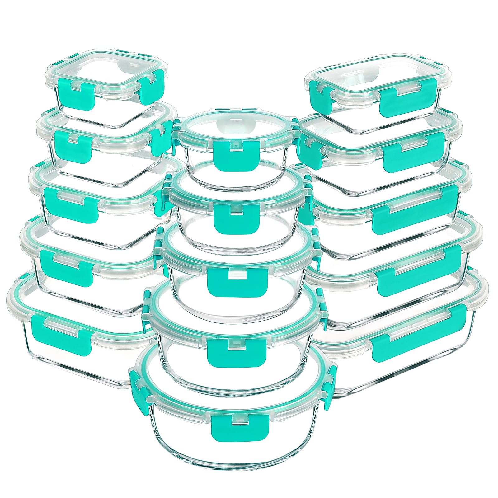 VERONES 30 Pieces Glass Meal Prep Containers Set, Airtight Glass Lunch Containers, Stackable Glass Food Storage Containers with Lids, for Microwave, Oven, Freezer & Dishwasher Friendly,Green