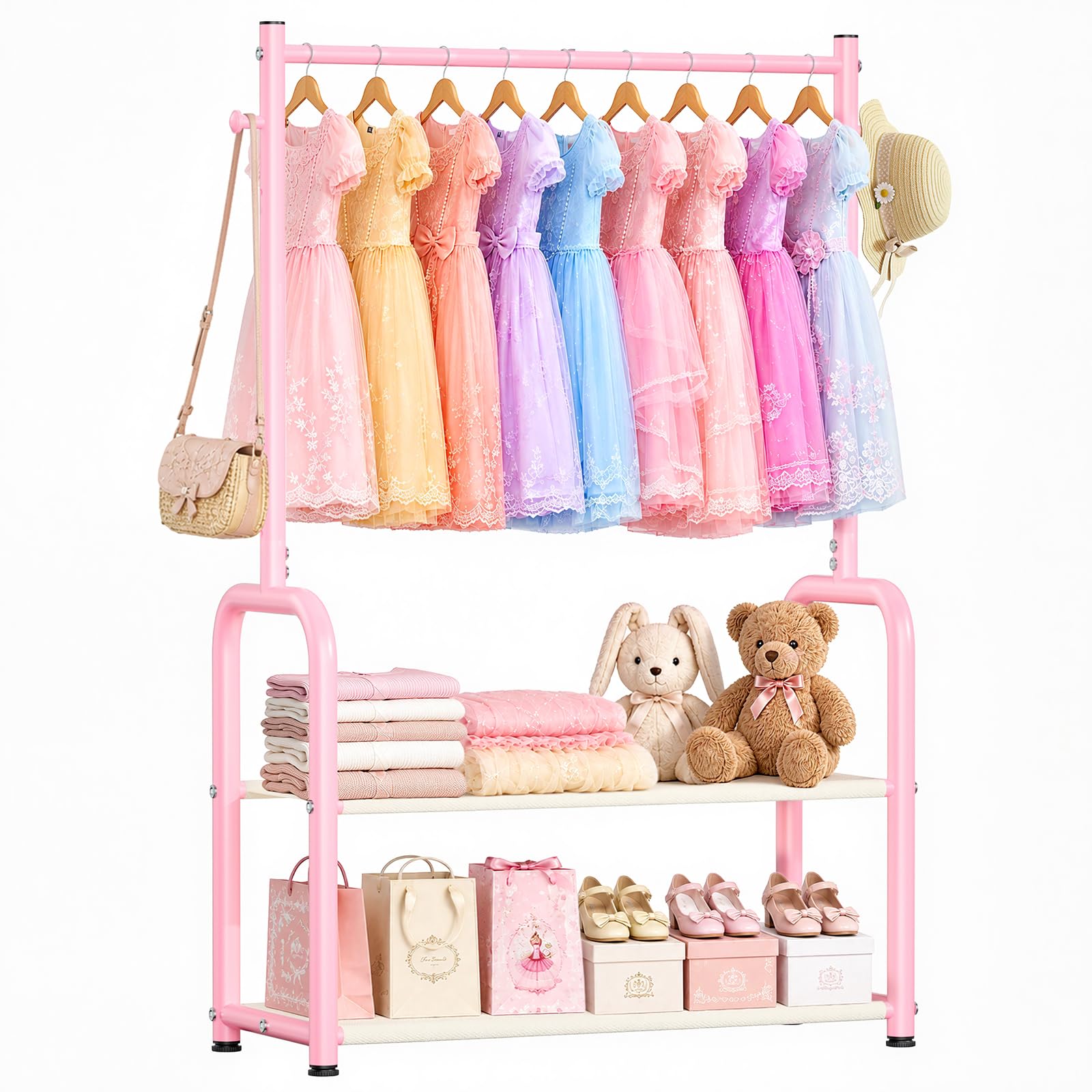 Bambini Abbigliamento Rack 2 Tier Baby Closet Rosa Toddler Dress up Rack | 2 aste appendiabiti, regolabili, per bambini da 0 a 9 anni, per bambini piccoli, per asilo e camera da letto