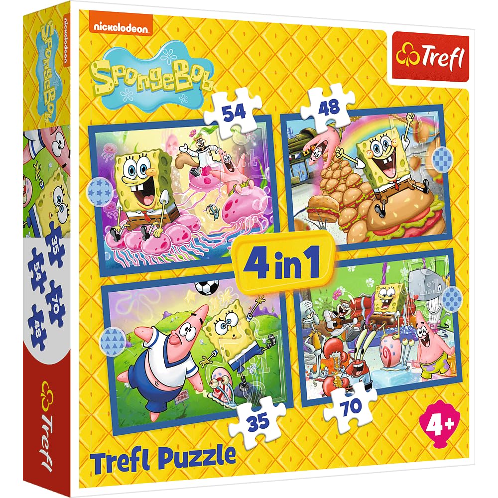 Trefl Spongebob, The Underwater Life of SpongeBob SquarePants 4 in 1 Puzzle, 4 Puzzles, 35 to 70 Pieces-Various Degrees of Difficulty, Children from 4 Years, Multicolor (34674)