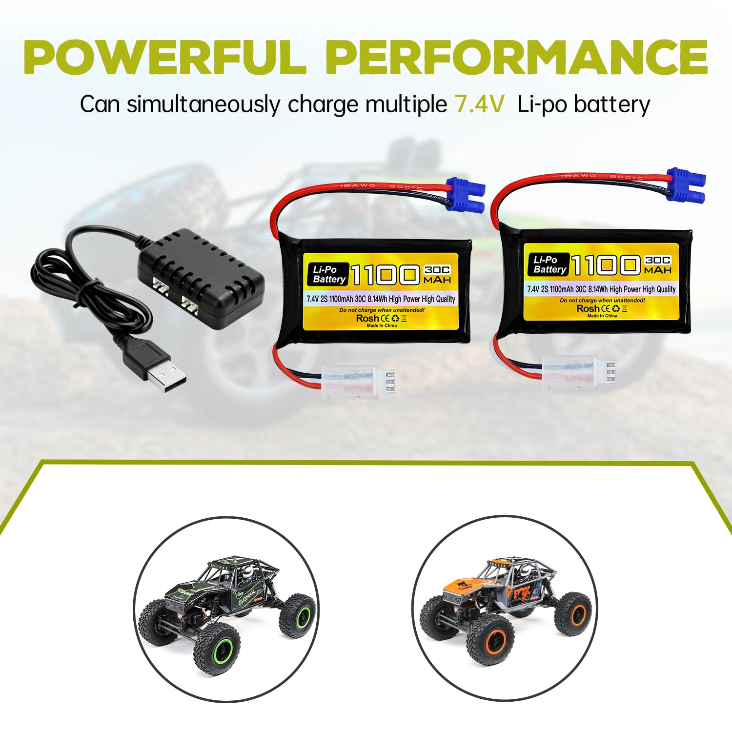 2PCS 7.4V 1100mAh 2S Lipo Akku mit EC2 Stecker und 2-in-1 Ladegerät für UTB18 Allradantrieb Off-Road Hochleistungskletterfahrzeug RC Fernbedienung Fahrzeug