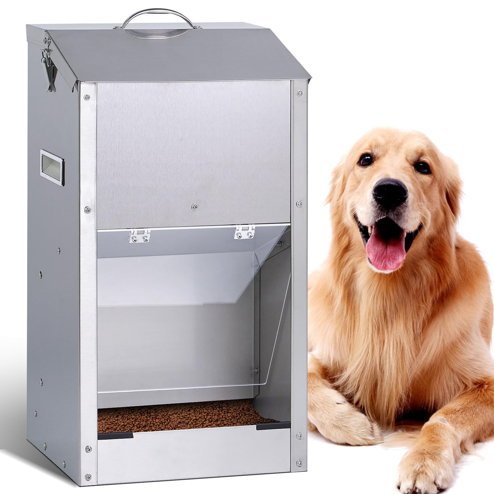 Comedero automático para perros de raza grande, dispensador automático de comida para perros, 25 libras, gran capacidad, acero inoxidable, estación de alimentación para mascotas, dispensador