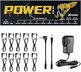 VEDO Fonte de Alimentação para Pedal de Efeito de Guitarra com 10 Saídas Isoladas (9V, 12V, 18V) Proteção contra Curto-Circuito e Sobrecorrente - Fonte Estável para Pedais de Guitarra no Brasil