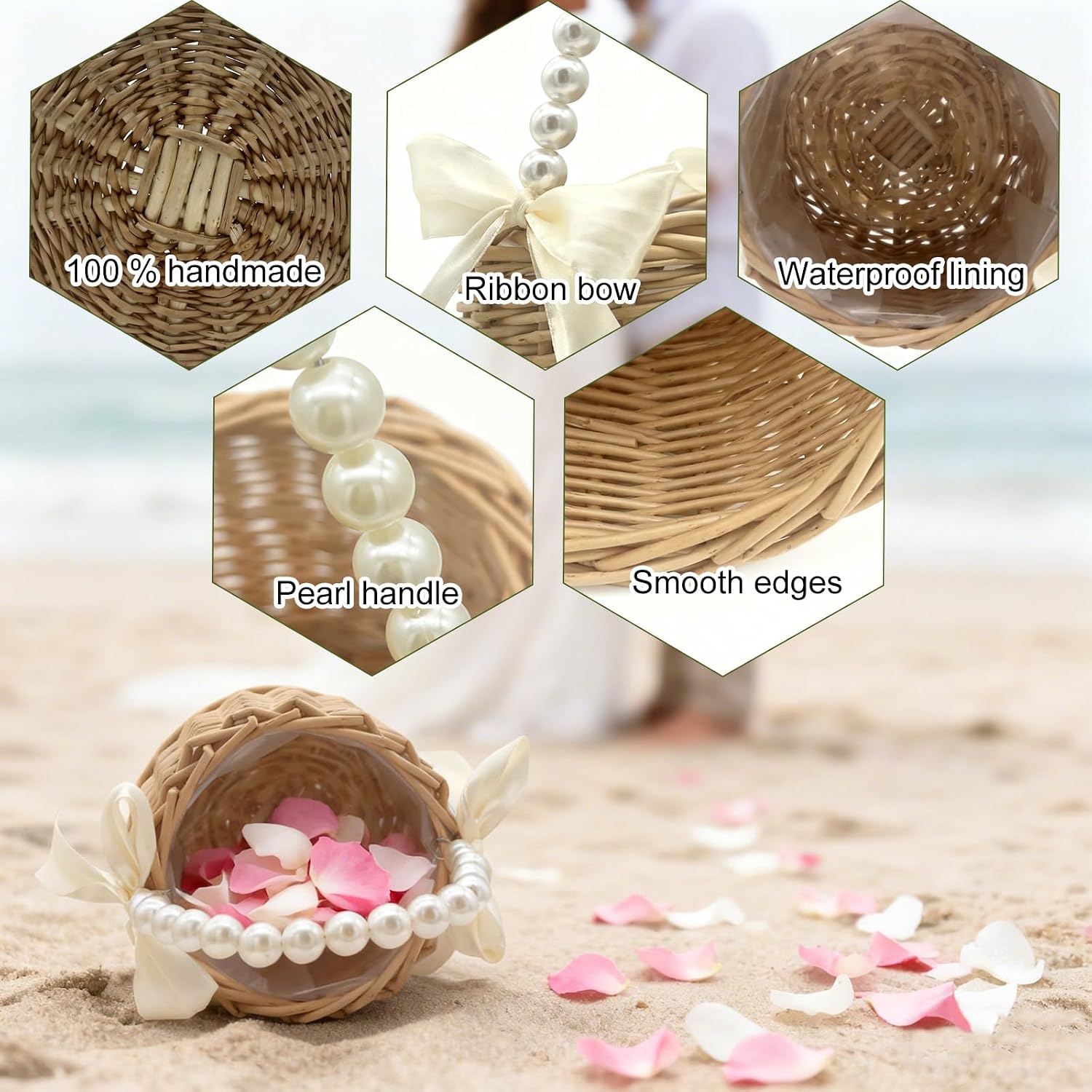 Wicker Rattan Flower Girl Basket with Pearl Handle, Satin Bowknot Flower Basket, Wedding Flower Girl Basket and Home Decorations