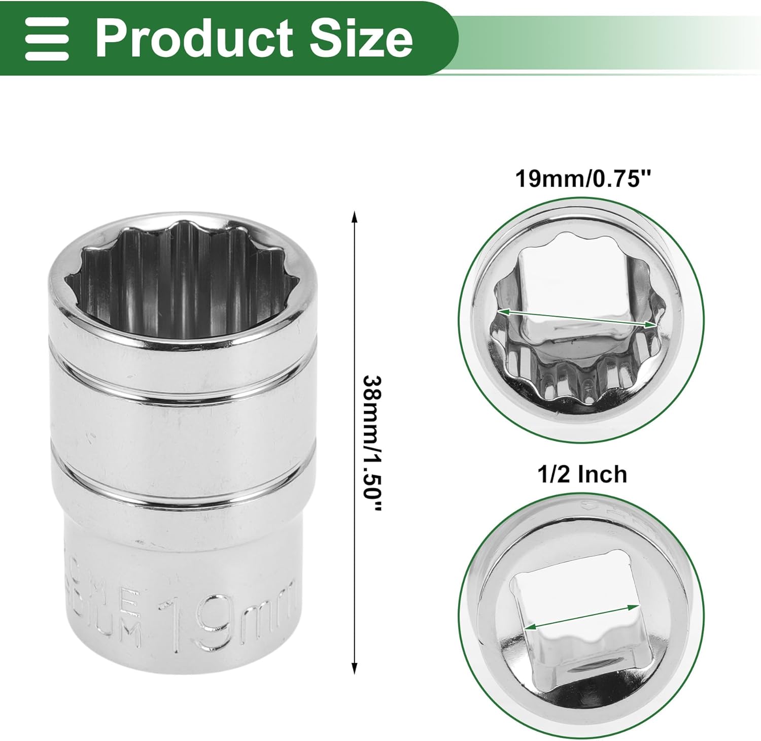 Motoforti Universal Impact Socket Hardware Tool 38mm Durable Chrome Vanadium Steel Silver Tone 1 Pcs 12 Point 19mm for Car Motorcycle Dirtbike 1/2 Inch Drive