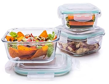 Signoraware Lock 'N' Store High Borosilicate Bakeware Safe Glass Container Square (320ml+520ml+800ml), Set of 3, Transparent