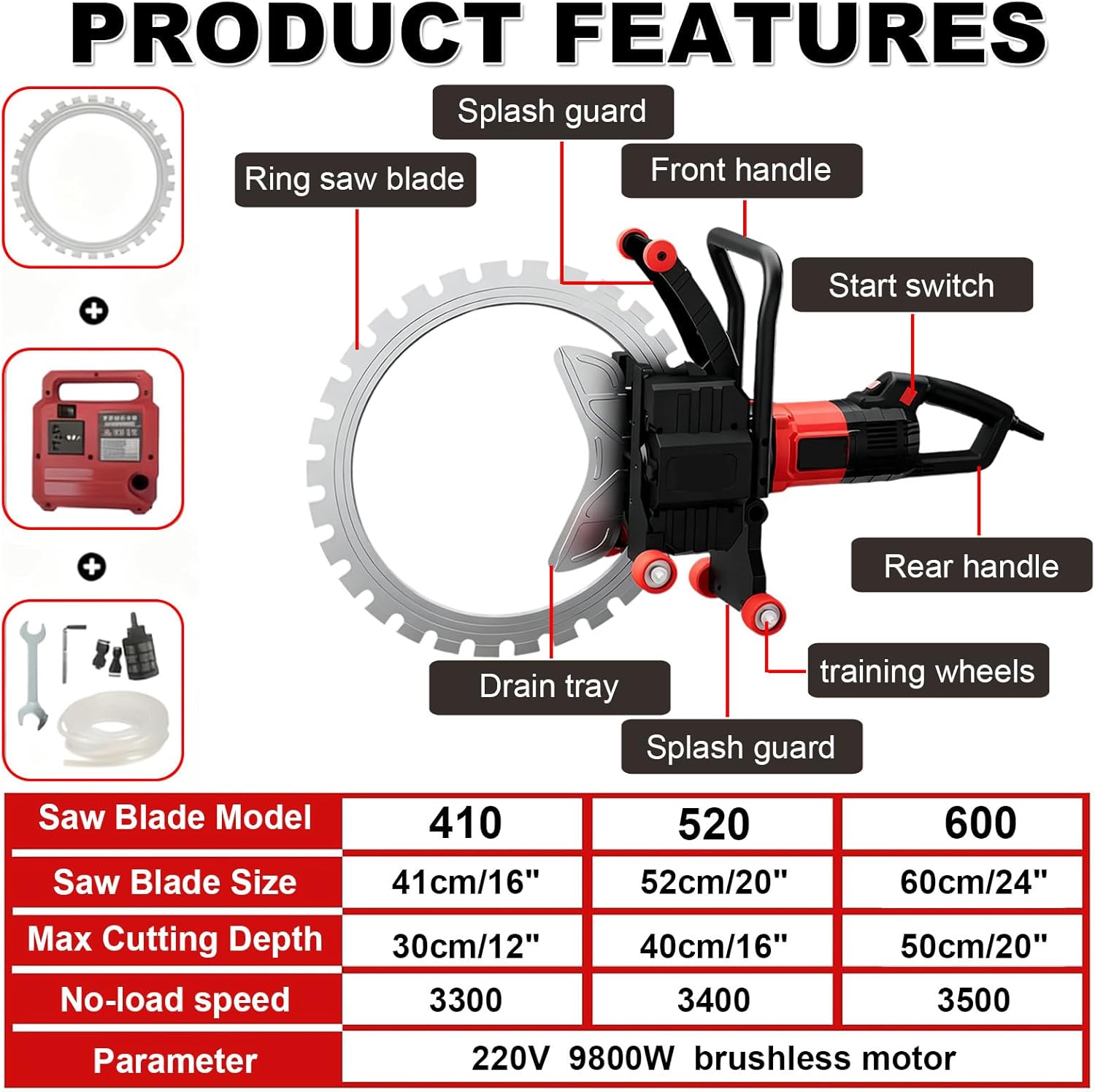 9800w Concrete Ring Saw, Electric Concrete Demolition Ring Saw (16-23.6 Inches) with Water Supply and Dust Suppression, Suitable for Granite,Porcelain,Concrete 410