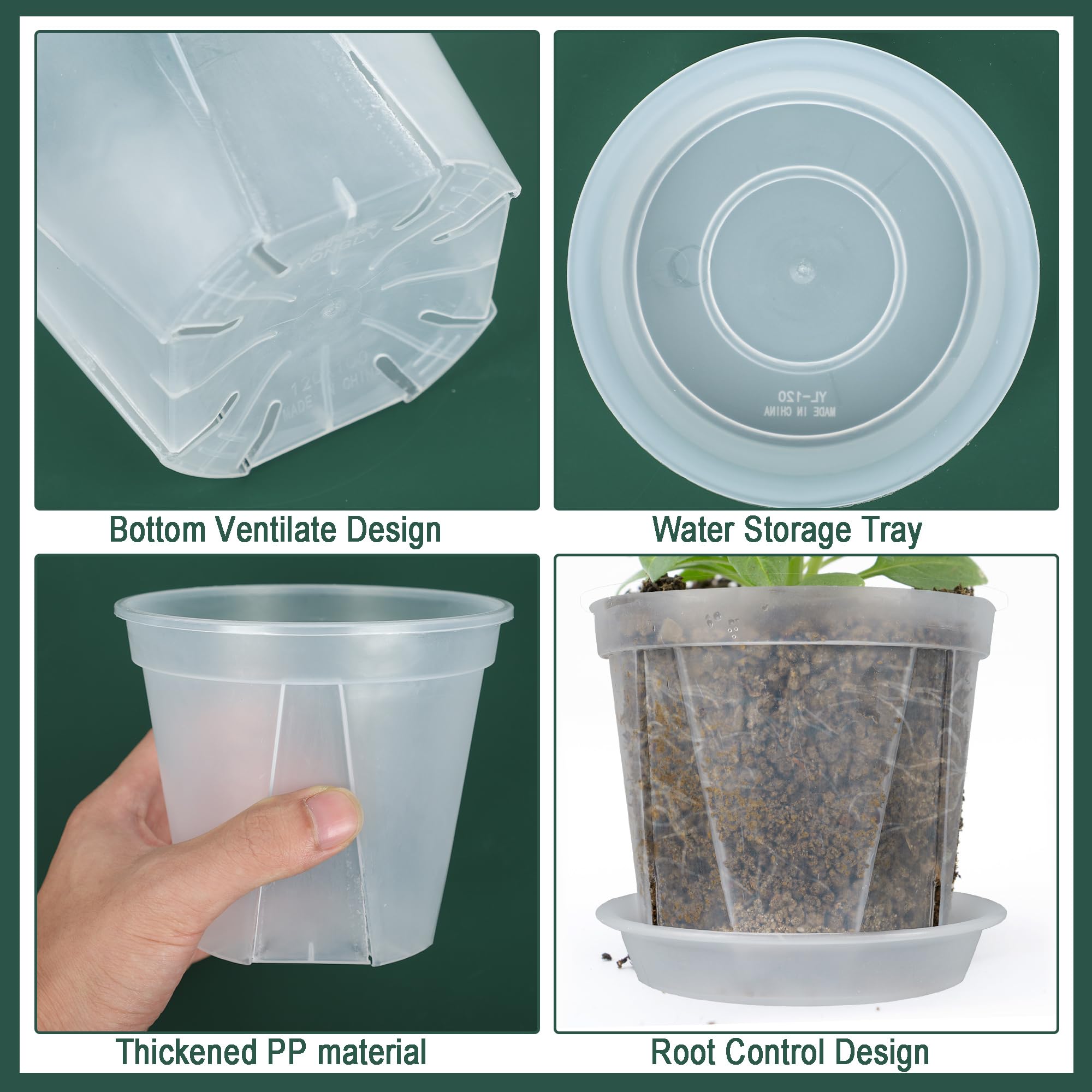 Lot de 15 pots de jardin en plastique transparent avec plateaux avec trou de drainage pour plantes d'intérieur, légumes, fleurs avec 50 étiquettes