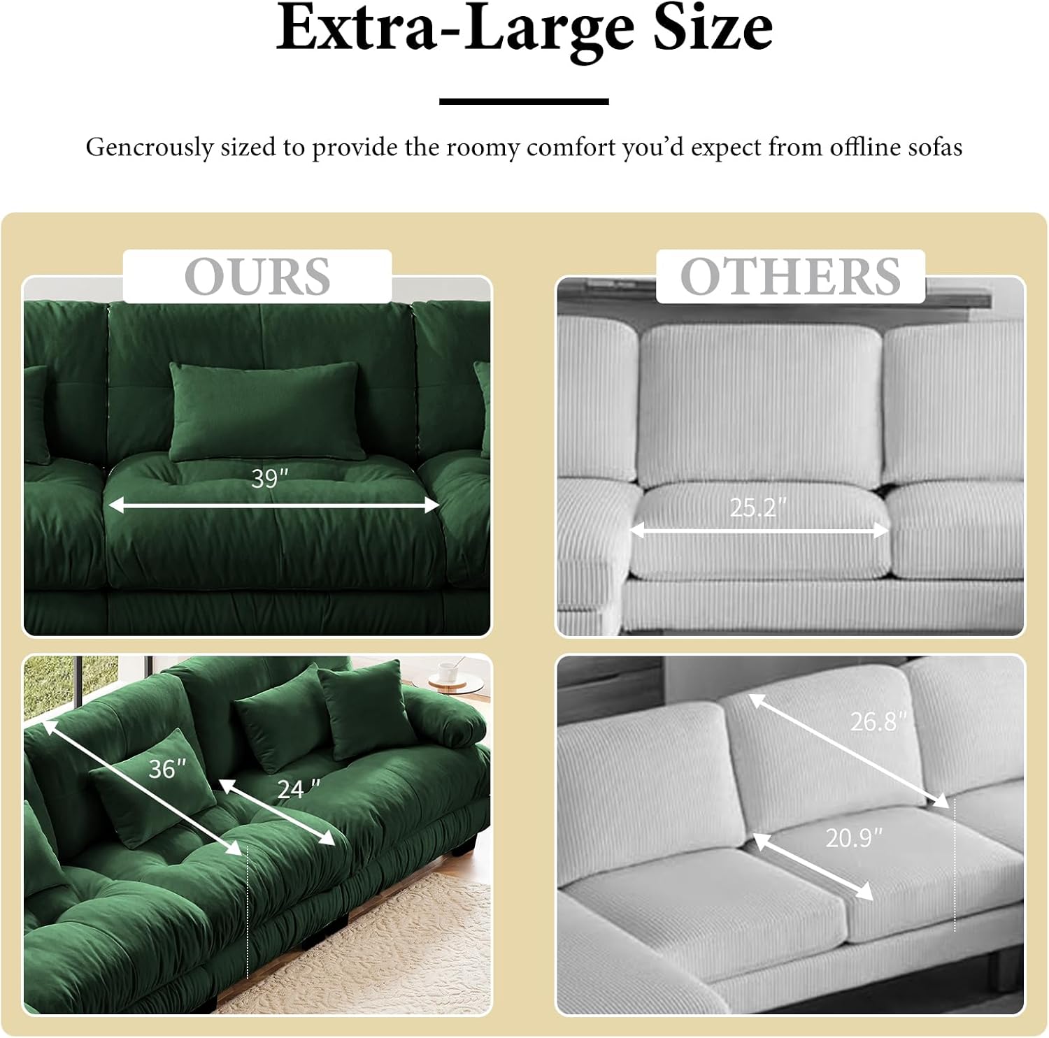 94.4" Loveseat Sofa, 2 Seater Modular Sectional Sofa, Green Large L Shaped Sectional Couches for Living Room, Fluffy Chenille Fabric Cloud Couch with Ottoman