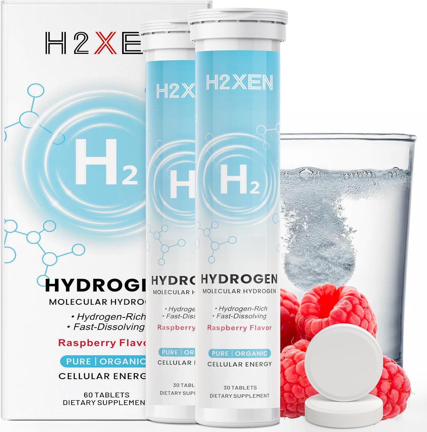 Molecular Hydrogen Tablets with Magnesium - 8 PPM Hydrogen Water Tablets for Drinking Water - Rich in Antioxidants, Supports Healthy Aging, Cellular Energy & Brain Health (60 Counts, Raspberry)