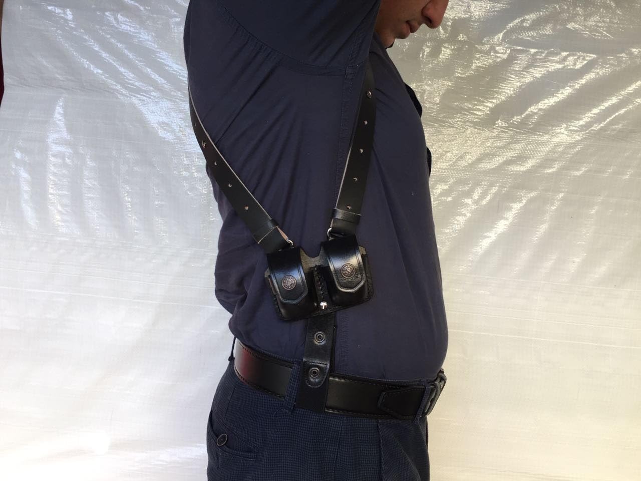 ALS455 Vertical Shoulder Holster with Double Speedloader Pouch Fits 357 Magnum 6’’ & Similar Revolvers RH Handmade! (Black)