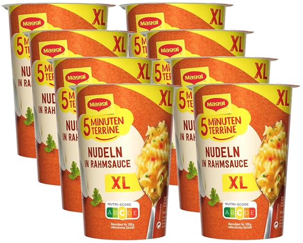 MAGGI 5 Minuten Terrine XL Nudeln in Rahmsauce, leckeres Fertiggericht mit Instant Nudeln, Pasta-Snack in cremig herzhafter Sauce, 8er Pack (8 x 83g)