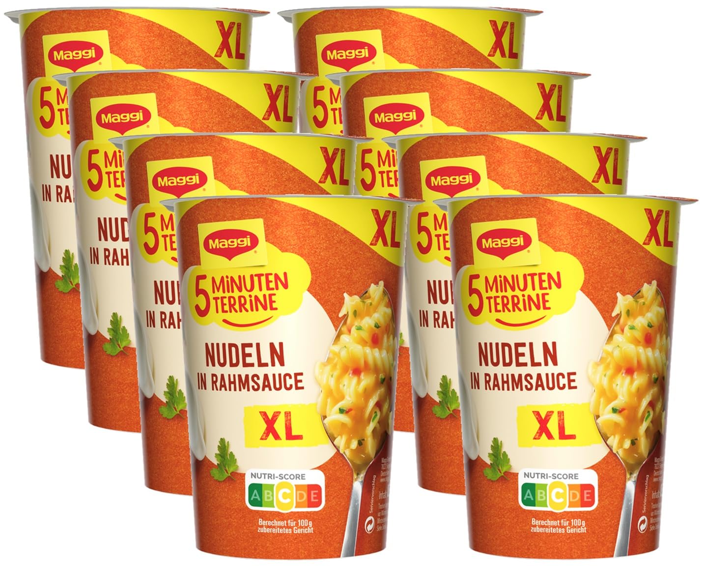 MAGGI 5 Minuten Terrine XL Nudeln in Rahmsauce, leckeres Fertiggericht mit Instant Nudeln, Pasta-Snack in cremig herzhafter Sauce, 8er Pack (8 x 83g)