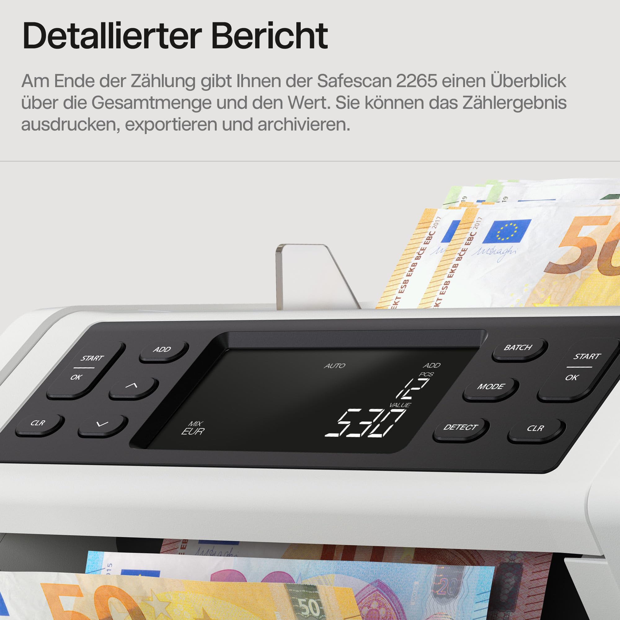 Safescan 2265 Geldzählmaschine, Wertzählung für gemischte EUR- und GBP-Banknoten - Banknotenzähler mit 6-facher Echtheitsprüfung - zählt sortierte Banknoten aller Währungen