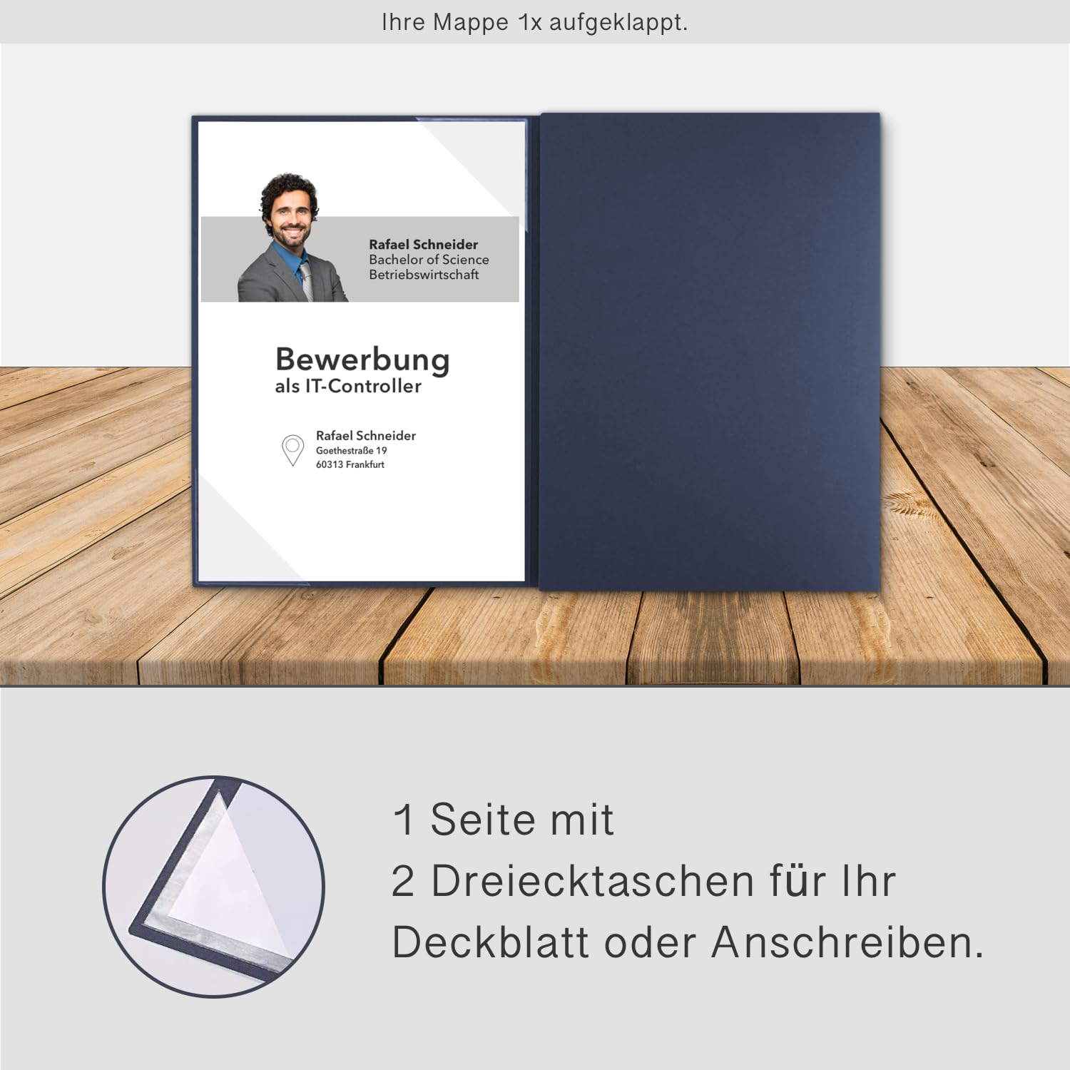 BL-exclusivdruck® Optima-Plus Lot de 5 chemises de candidature en 3 parties Bleu marine Avec inscription Bewerbung