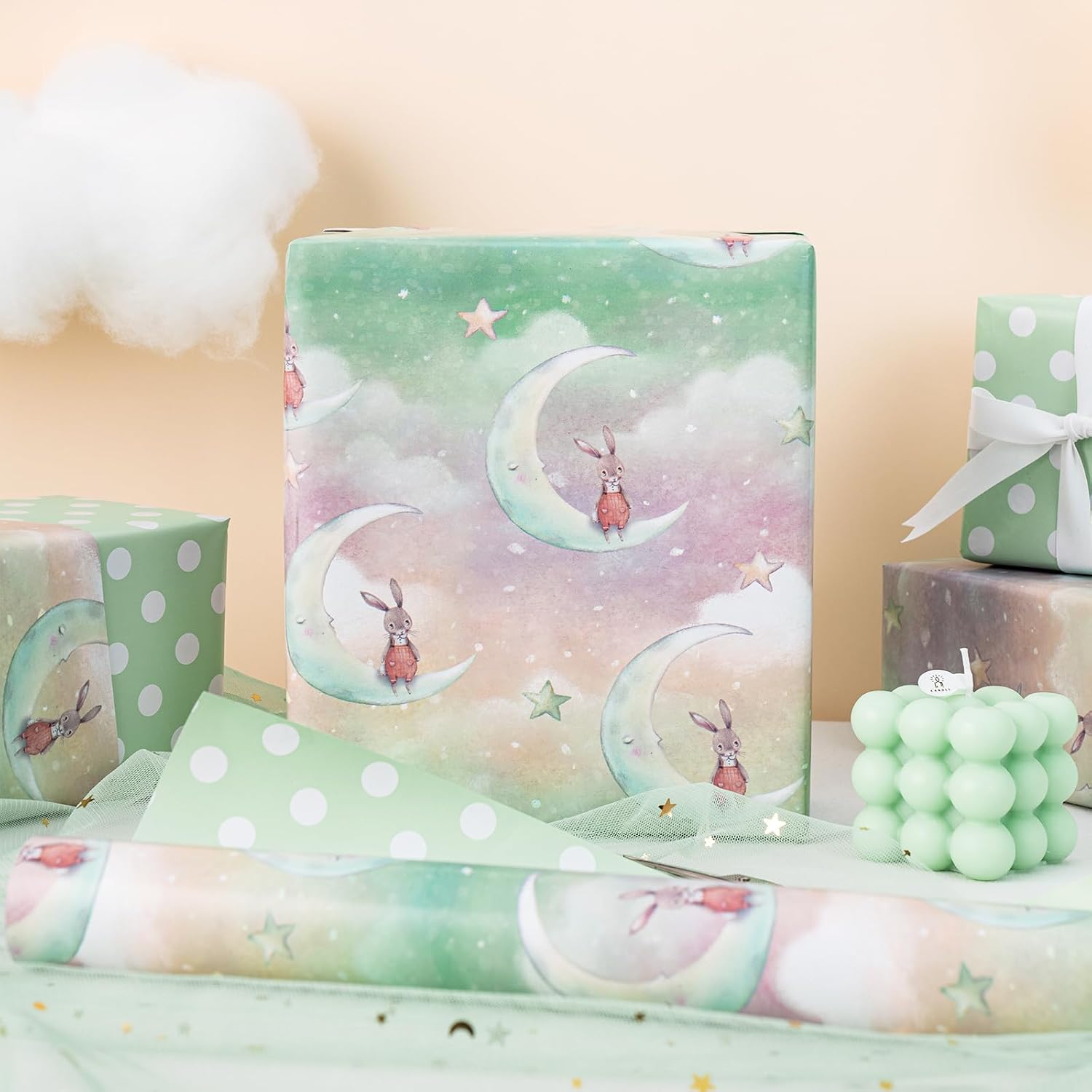 RUSPEPA Reversible Wrapping Paper Roll - Mini Roll - Moon Rabbit Pattern Great for Baby Shower, Birthday, Party - 17.5 Inches X 32.8 Feet image 3