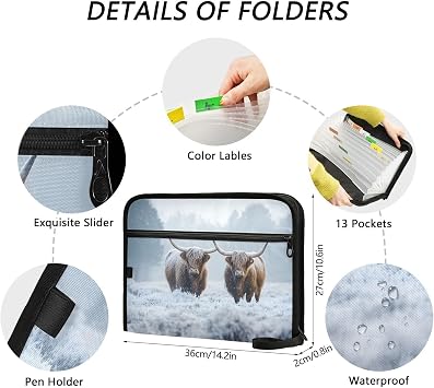 13 Pockets Expanding File Folder with Zipper Closure, Winter Highland Cows Animal Accordion File Folder with Sticky Labels, Letter Size A4 Papers Expandable File Document Organizer