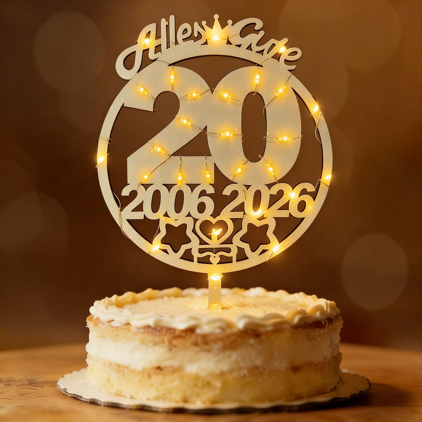 Tortendeko 20 Geburtstag Frau Mann, Seutgjie 20. Geburtstag Porzellanhochzeit Jubiläum Cake Topper Holz mit LED Lichterkette 2006 bis 2026 Kuchen Deko