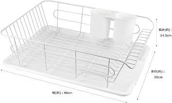 Pearl Metal Aldeo HB-3466 Metal Dish Drying Rack with Tray that Drains Water, Horizontal Placement, White