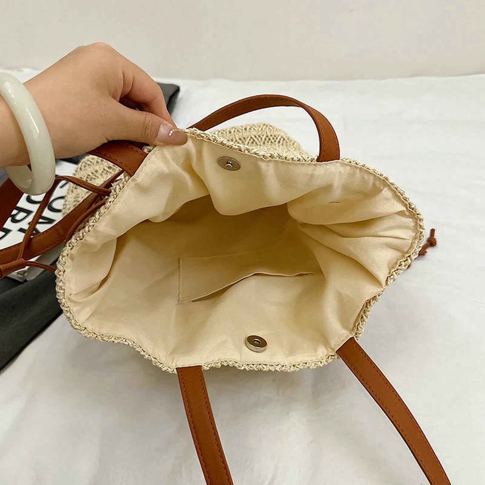 Strohtaschen Damen Shopper Handgewebtes Großer Kapazität Strand Gewebter Korbbeutel Stroh Strickbeutel Gewebt-Khaki