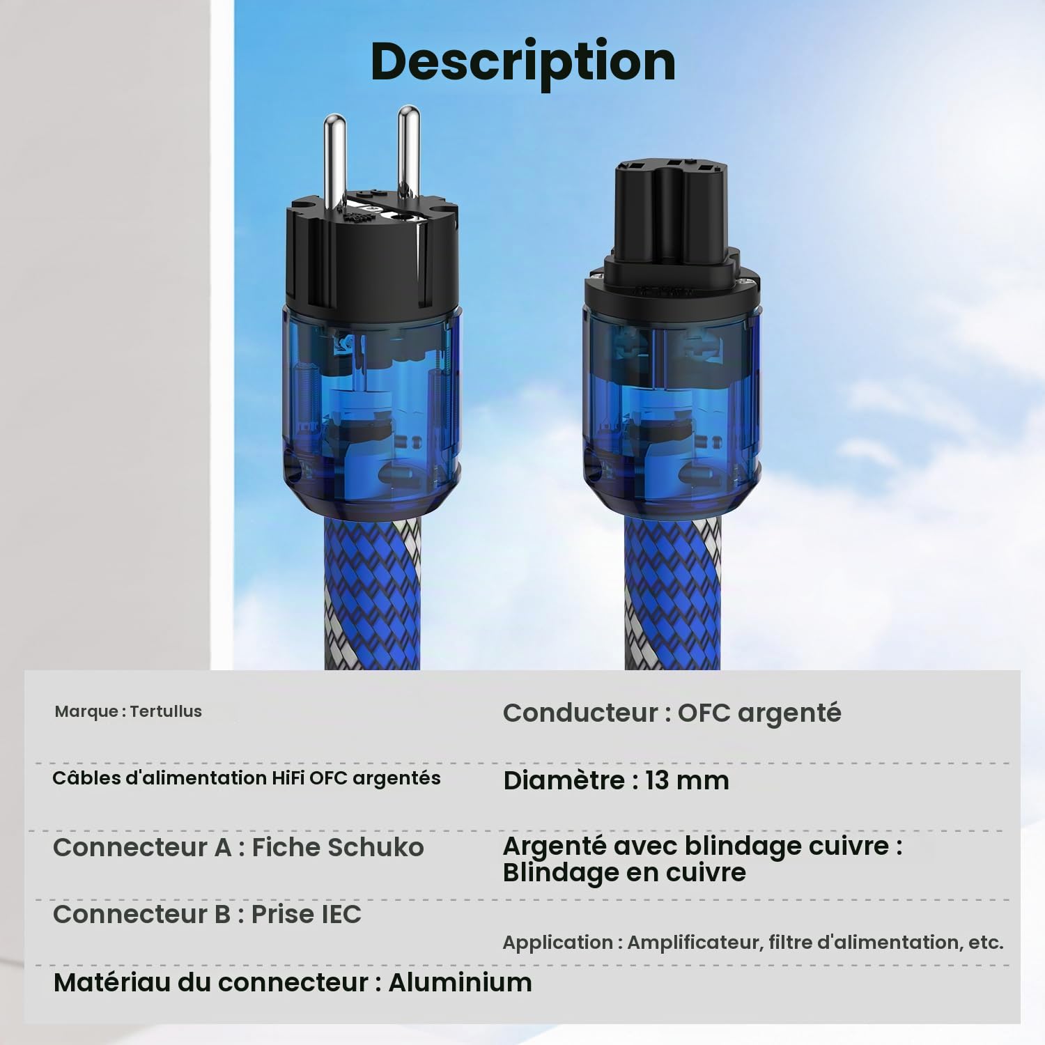 Tertullus Câble d'alimentation HiFi High End C15 câble d'alimentation audio HiFi avec prise Schuko et connecteur de dispositif froid (P037, rouge gris bleuté, 2 m)