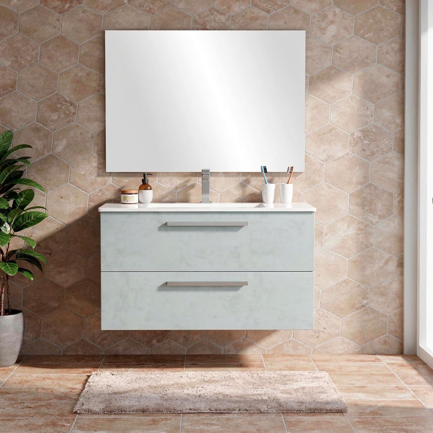 Bricozone Mobile Bagno Sospeso 80 Cm Con Lavabo In Ceramica E Specchio Grigio Cemento 2 Cassetti Soft Close Design Moderno Salvaspazio Per Bagno Contemporaneo (Mobile Lavabo e Specchio)