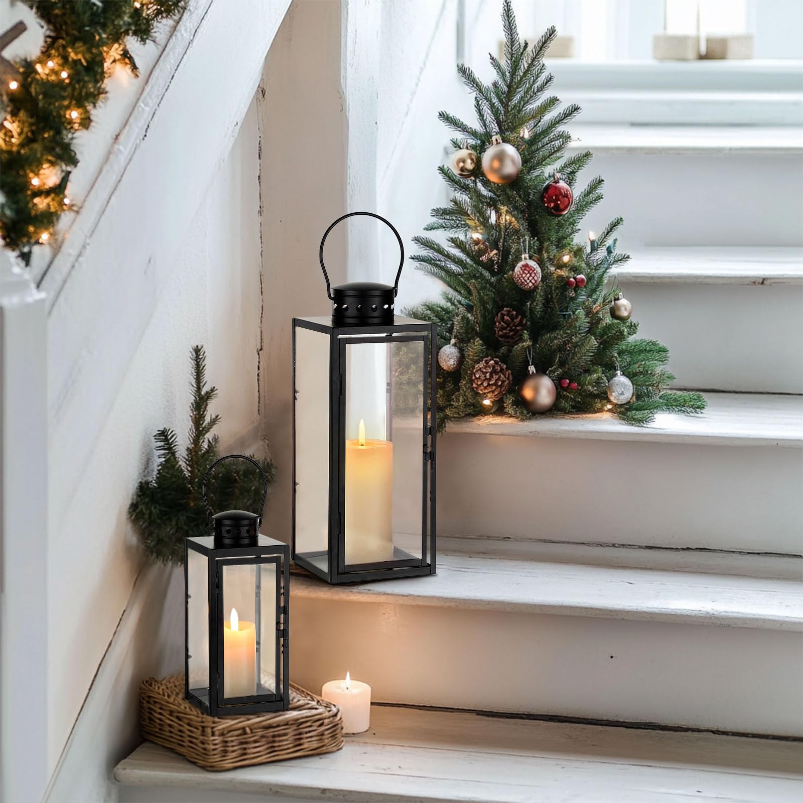 Lanterne per esterni, resistenti alle intemperie, in metallo | Set di 2 lanterne da 24/35 cm, per esterni, cimitero, balcone, giardino, decorazione moderna per soggiorno