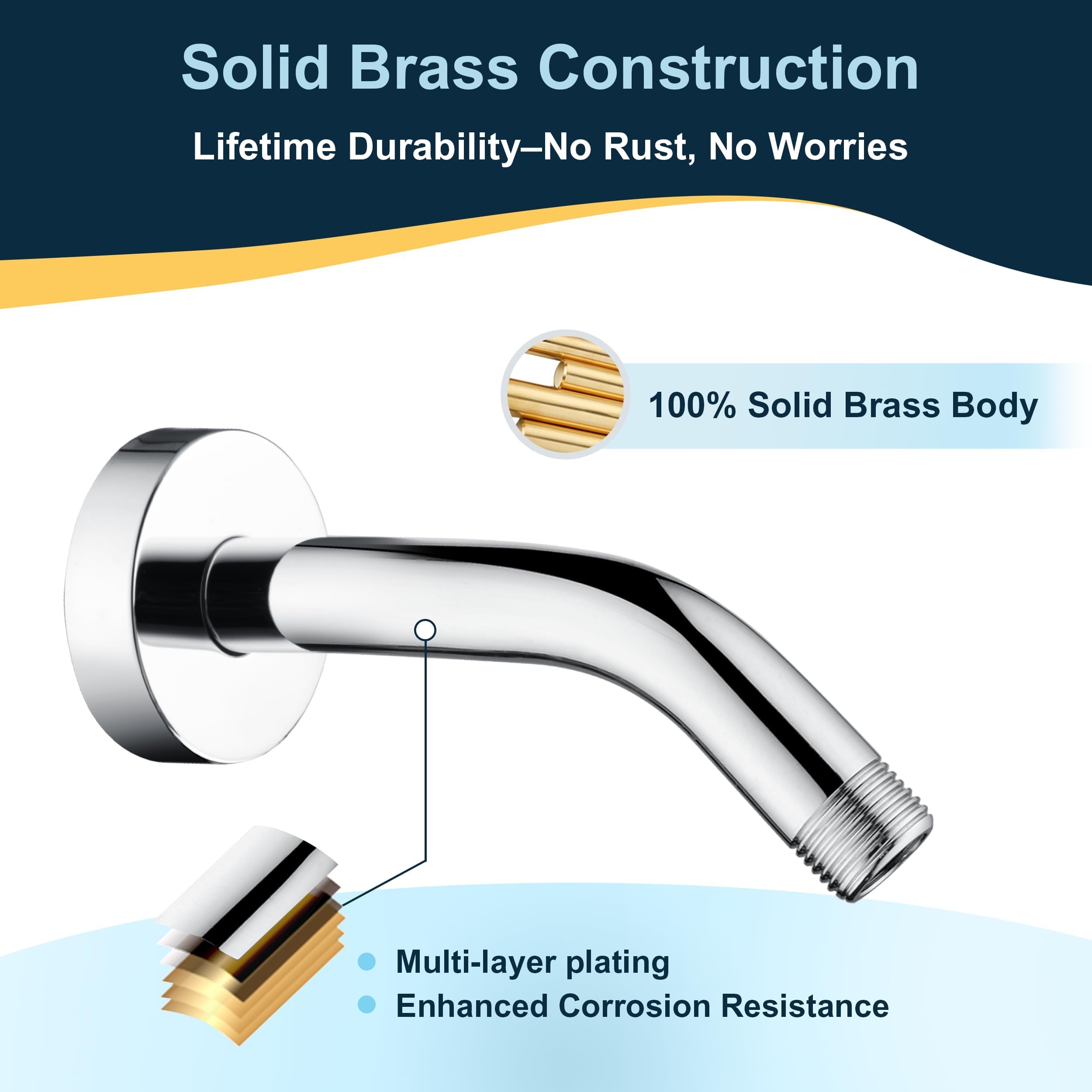 BRIGHT SHOWERS 10-Inch Solid Brass Shower Arm With Flange - Chrome Finish, Easy Installation, No Tools Needed
