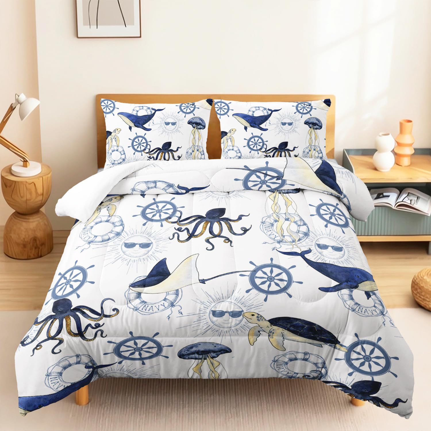 CVHOUSE Coastal Comforter Set Twin Size,Blue Nautical Theme Bedding Set for Kids,Ocean Anchor Quilt Set Turtle Duvet Set Ocean Bedroom Coastal Aqua