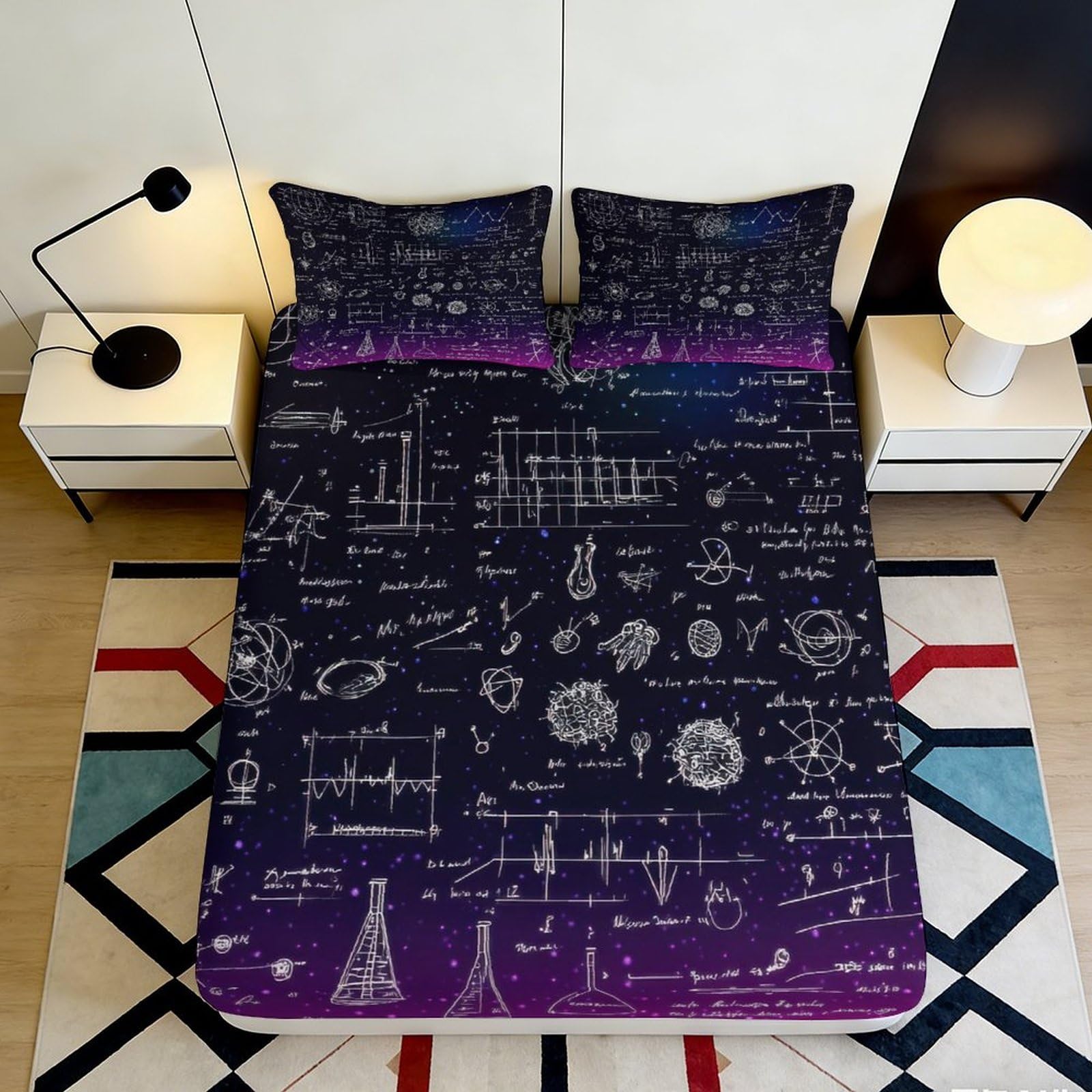 3D Printed Mathematics Formula Fitted Sheet Microfiber Anti-Slip Purple Science Bed Cover for Bedroom Dorm Decoration 90x200x25cm