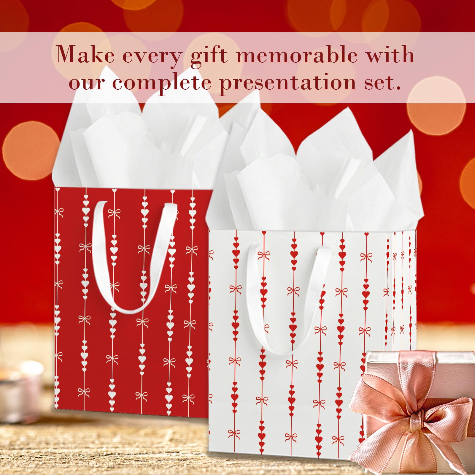 wjrsxilt Valentine's Day Gift Bags Set of 6 - Medium Sized 9" Red Hearts Bags with Handles incl. Matching Tissue Paper - Reusable & For Presents of Any Birthday, Weddings, Valentine's Day