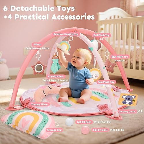 Miniatura 5 de Tapete de gimnasio para bebé 7 en 1, tamaño XL, tapete para el tiempo boca abajo con almohada de apoyo, tapete de actividad para bebés y pozo de