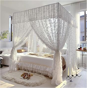 Vnook 4 Corners Post Princess Canopy Bed Curtains Mosquito Net Bed Drapes