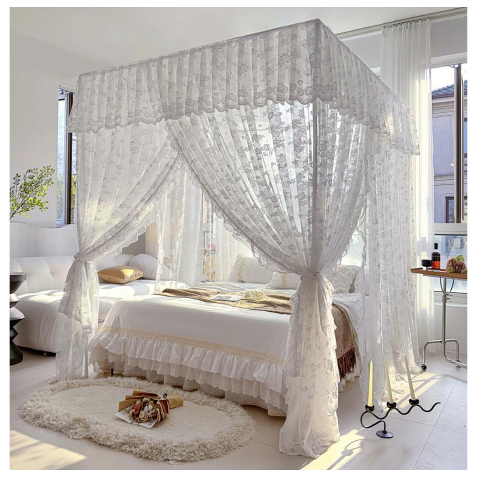 Vnook White 4 Corners Post Princess Canopy Bed Curtains Mosquito Net Bed Drapes Play Tents Room Decoration For Indoor Outdoor(,180X200cm)